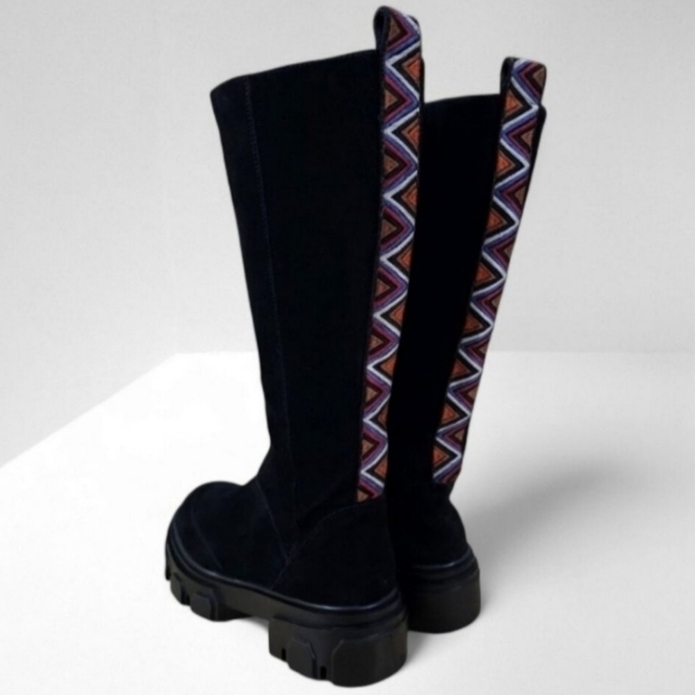 Farm Rio Tall Combat Boot Womens 7.5 Black Vegan Platform Boho Embroidered NEW